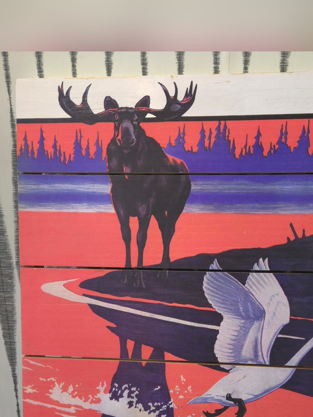 Marmont Hill Reclaimed Wood Wall Art – Moose & Swan Nature Scene – 18" x 18"